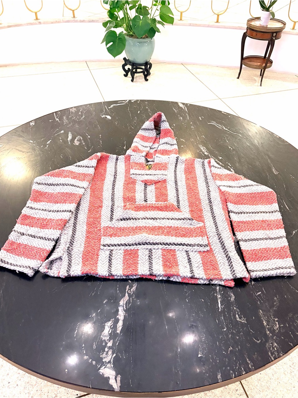 Striped Hooded Baja Sweater - Coral and Gray